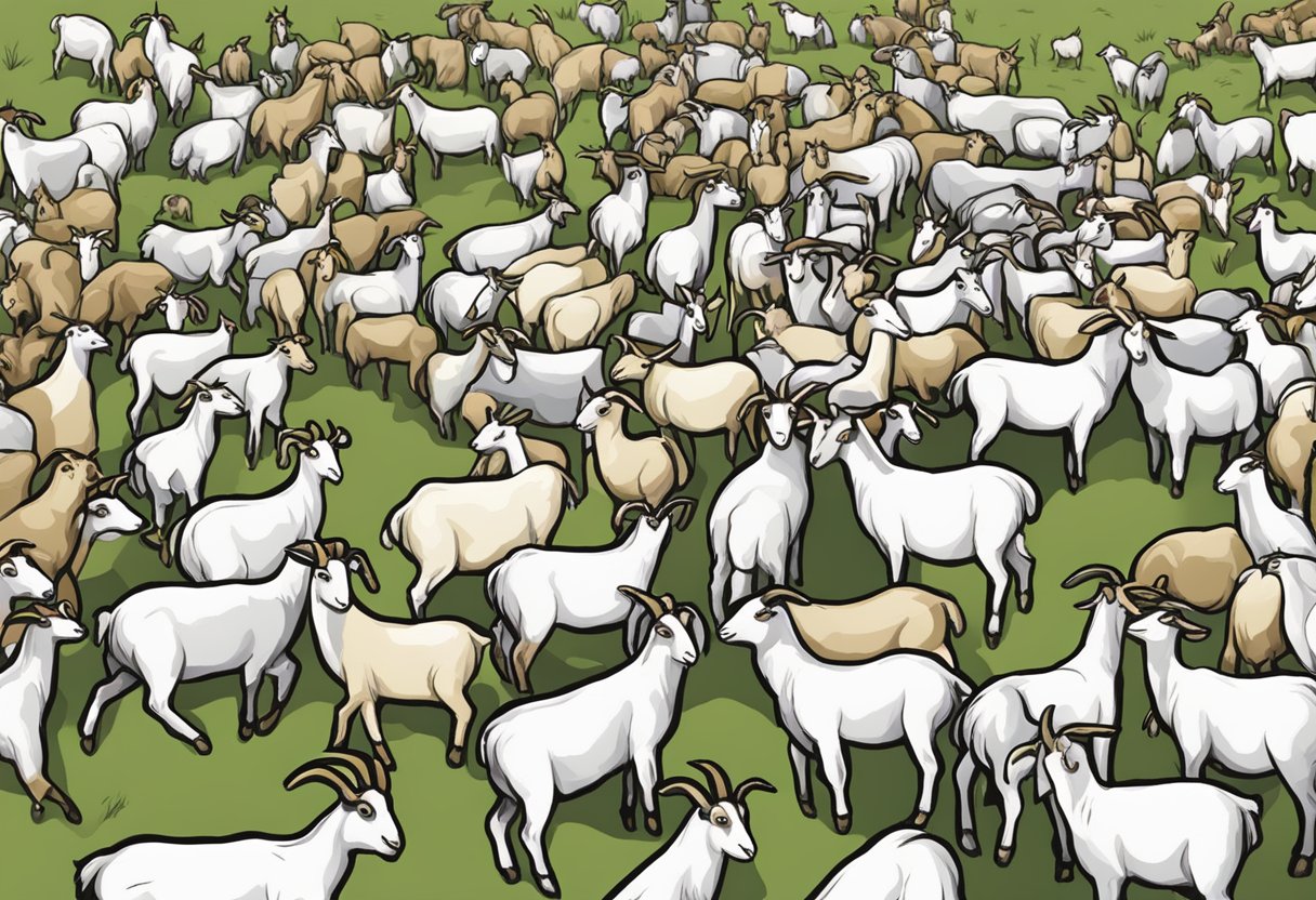 Goats crowded around scattered feed at random times