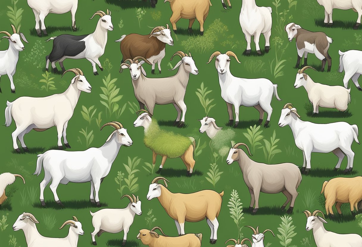 A group of different goat breeds graze in a lush pasture, each exhibiting unique physical characteristics. They are surrounded by various types of forage and feed, highlighting the importance of understanding the nutritional needs of different goat breeds