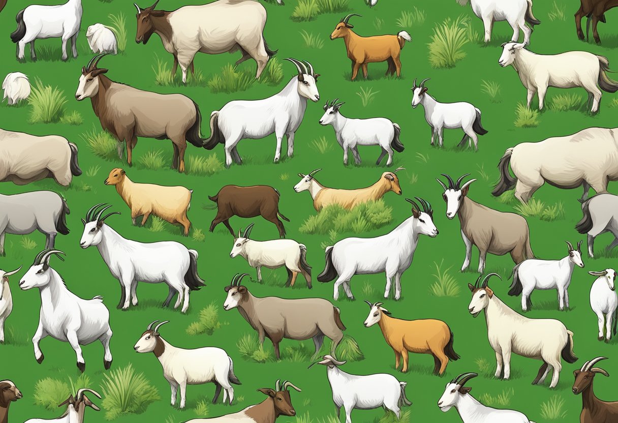 A herd of goats of different breeds grazing in a lush green pasture, with each breed showing varying preferences for different types of vegetation