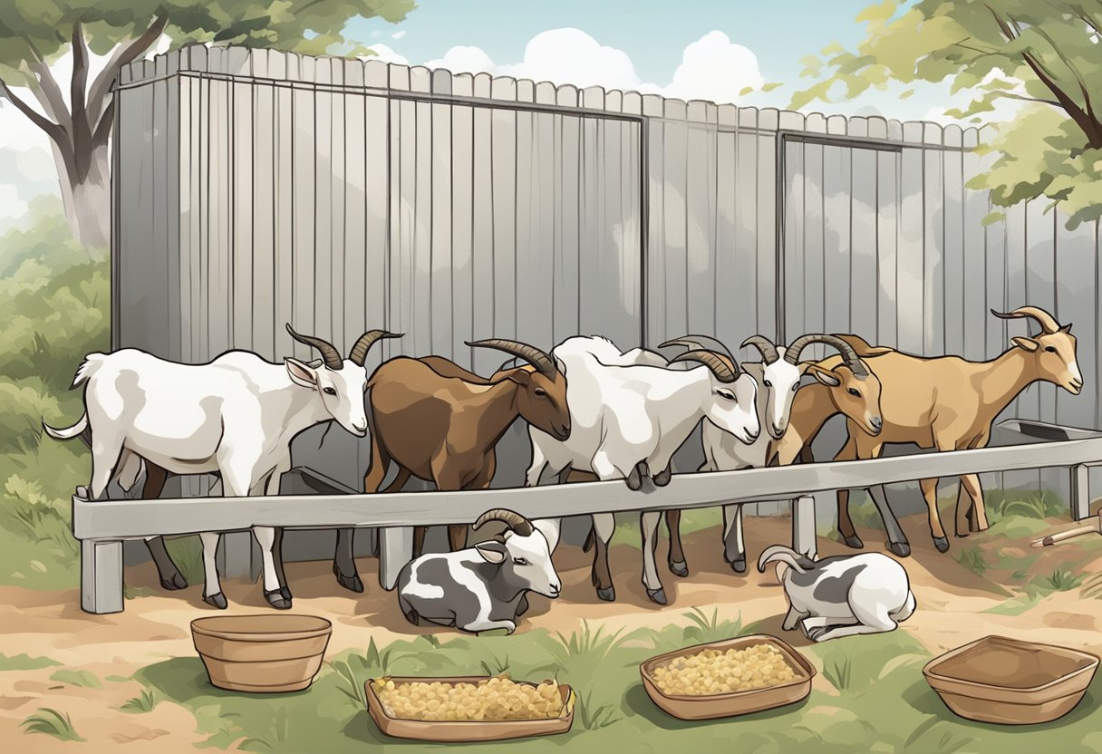 A group of goats of different breeds eating from separate feeders, showcasing their unique dietary preferences based on breed influences