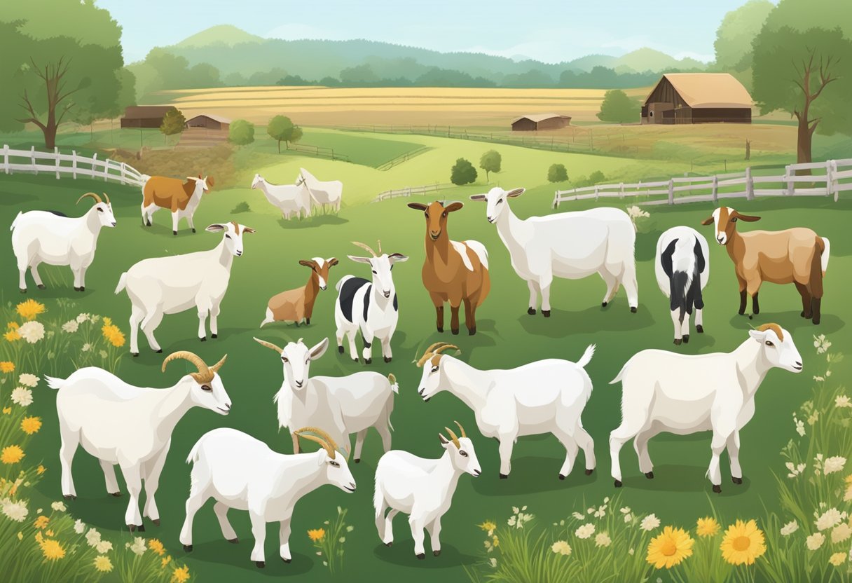 Goats of different breeds graze in separate fields, each with their own specialized feed and supplements