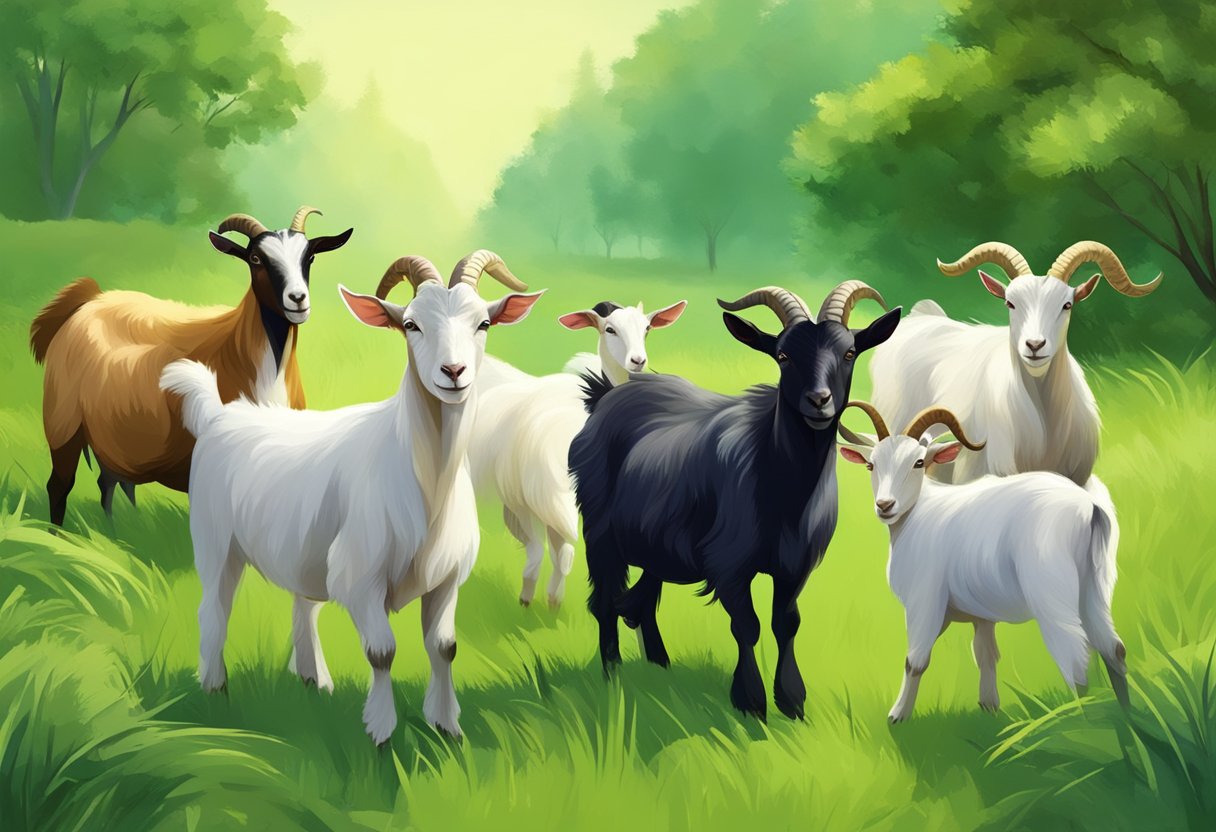 A group of goats of different breeds grazing in a lush green pasture, each exhibiting varying levels of energy and health