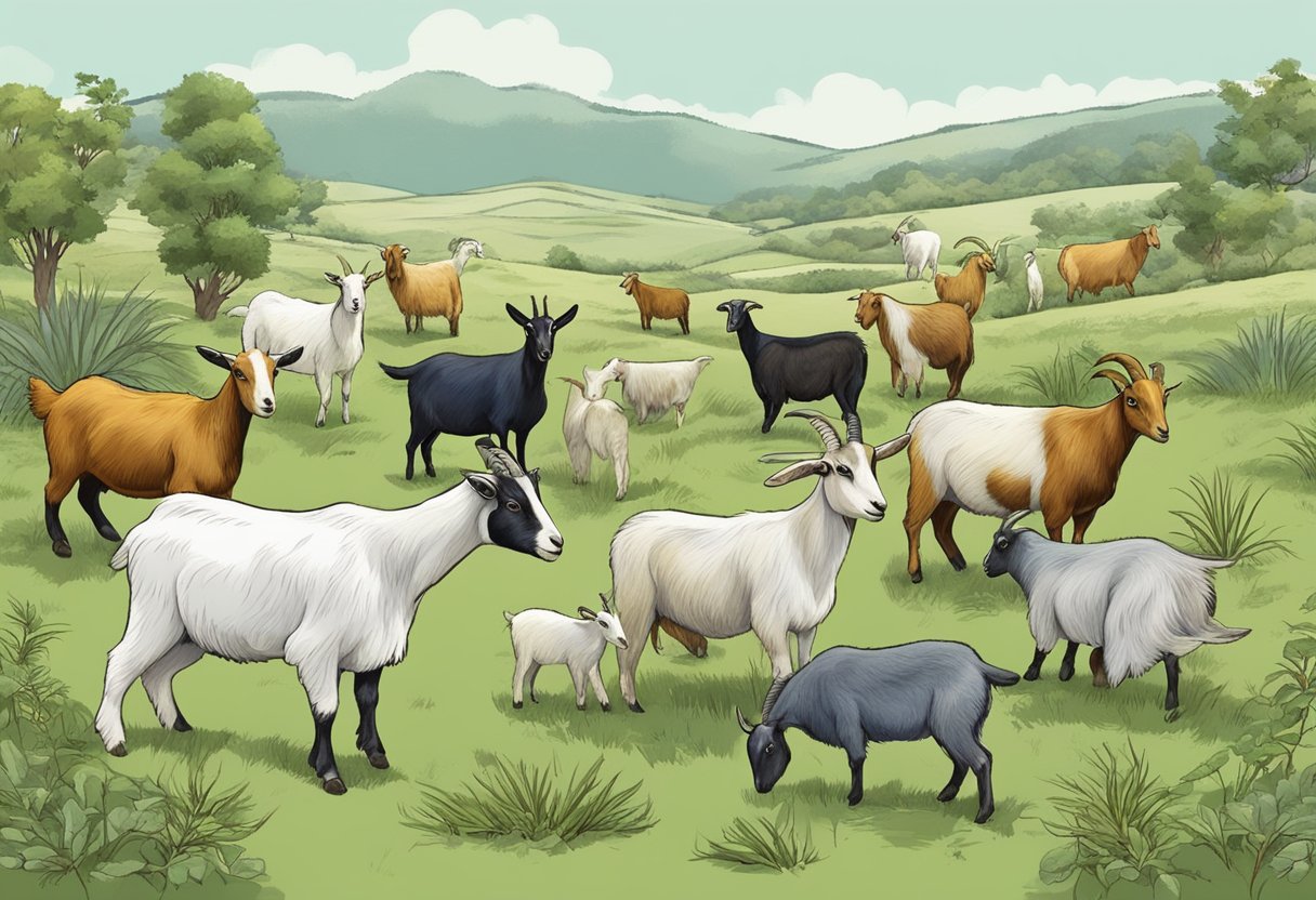 Goats of different breeds graze on varied vegetation, illustrating their unique nutritional needs