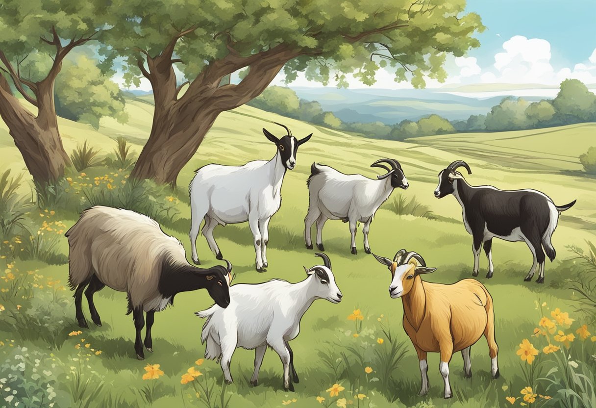 Goats of different breeds graze in varied landscapes, showcasing their diverse nutritional needs for an illustrator to recreate