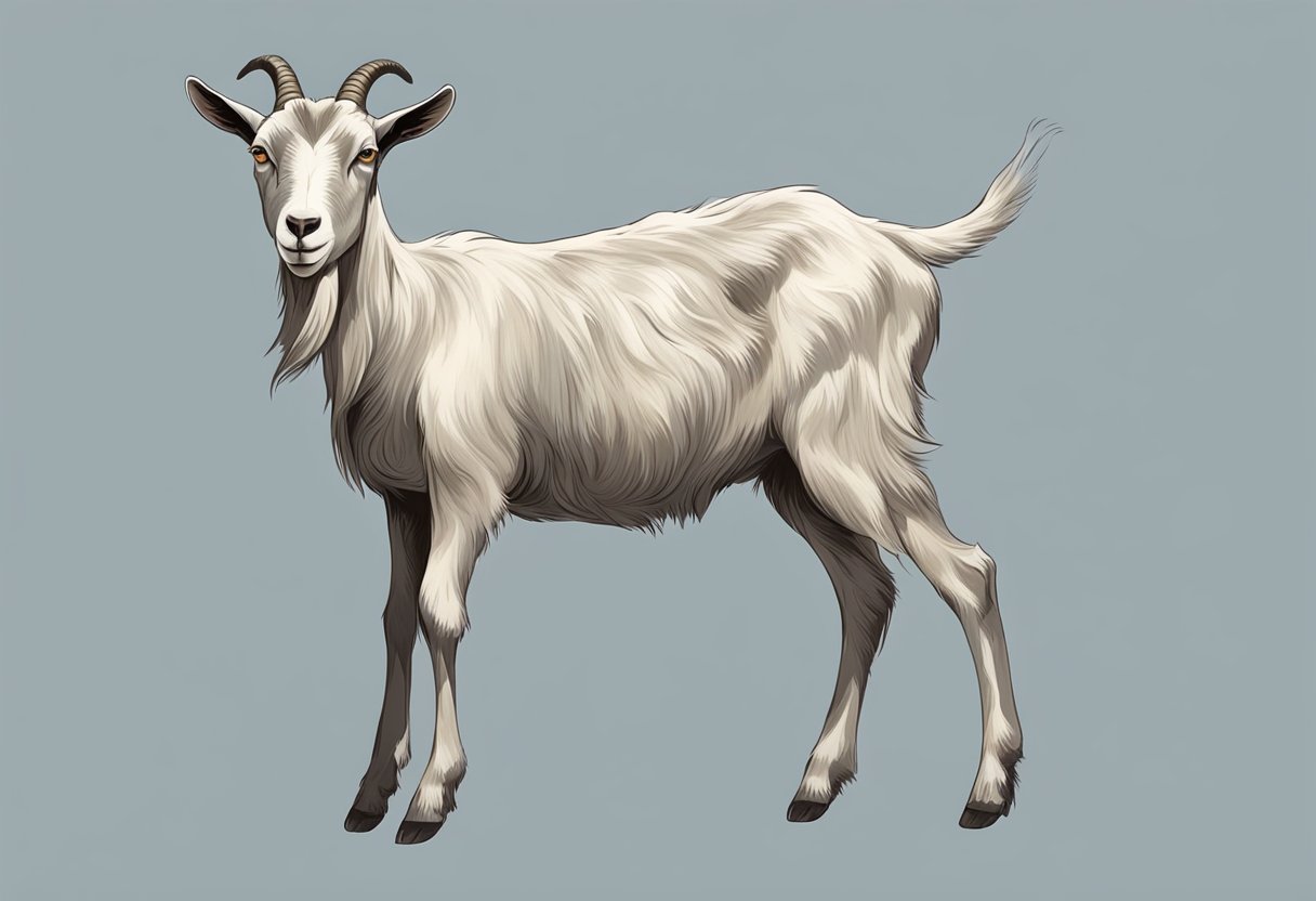 A thin, weak goat with dull, rough coat, sunken eyes, and protruding ribs