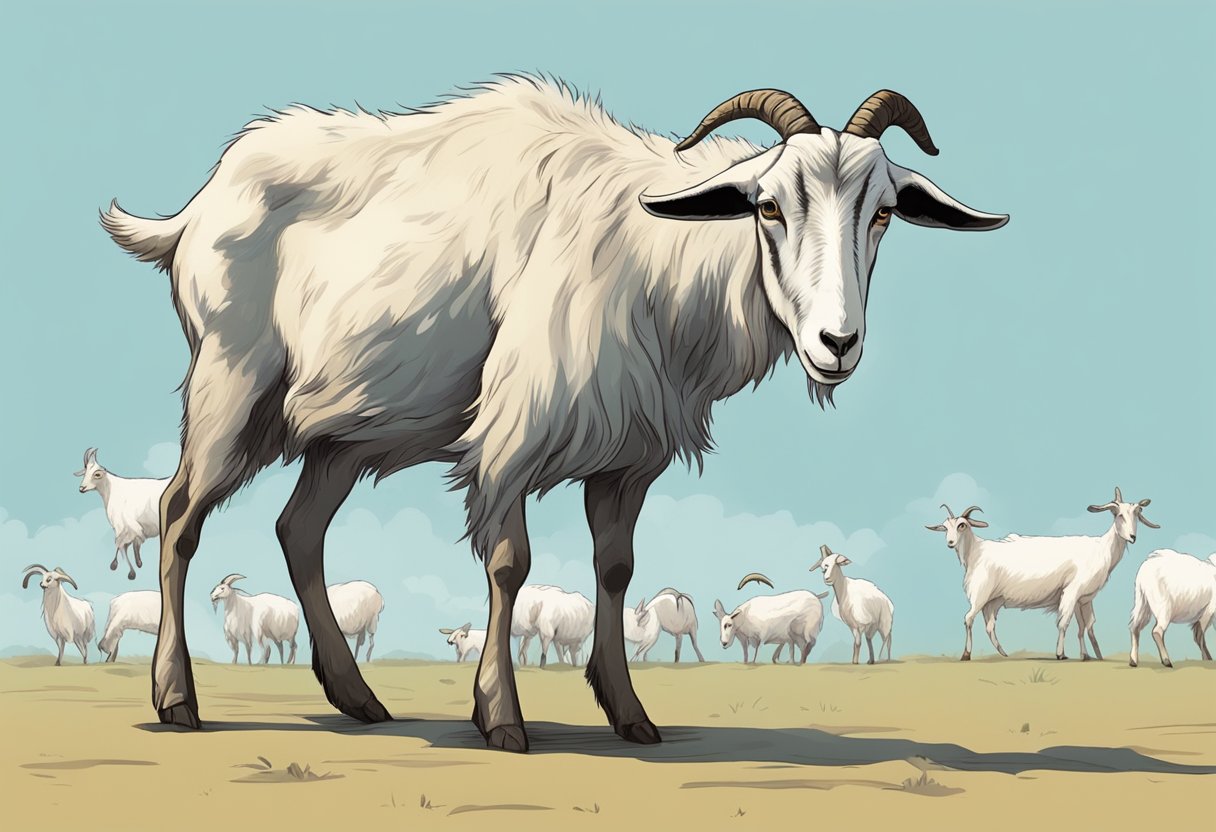 A thin, listless goat with dull, patchy coat and protruding bones, standing alone away from the herd, with sunken eyes and a weak, unsteady gait