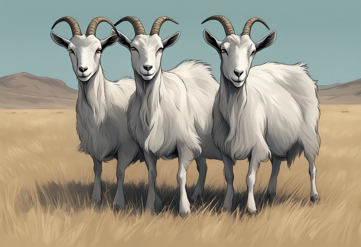 A group of goats with dull coats, sunken eyes, and rib protrusions, standing listlessly in a barren pasture