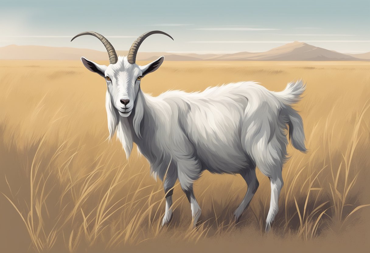 A skinny goat with dull coat, sunken eyes, and weak stance. Grazing on sparse, dry grass