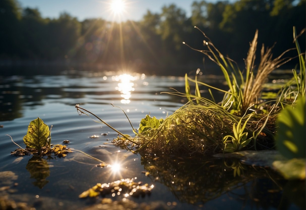 A fishing jig sinks into the water, surrounded by floating debris and aquatic plants. Sunlight filters through the surface, casting dappled shadows on the lake bed