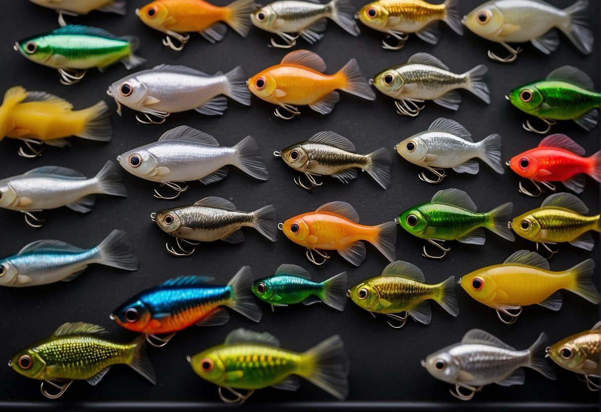 A variety of fishing jigs arranged on a table, with different shapes, sizes, and colors, ready for use in different fishing scenarios
