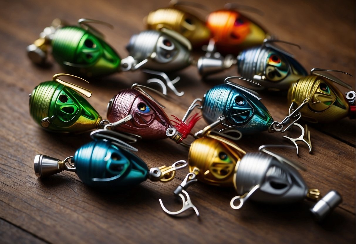 A variety of fishing jigs in different sizes and colors arranged on a table, with a fishing rod and reel in the background