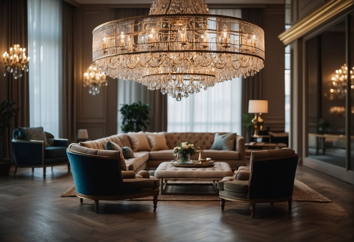 A room with various chandeliers hanging at different heights, showcasing a range of styles from modern to traditional, casting beautiful light patterns