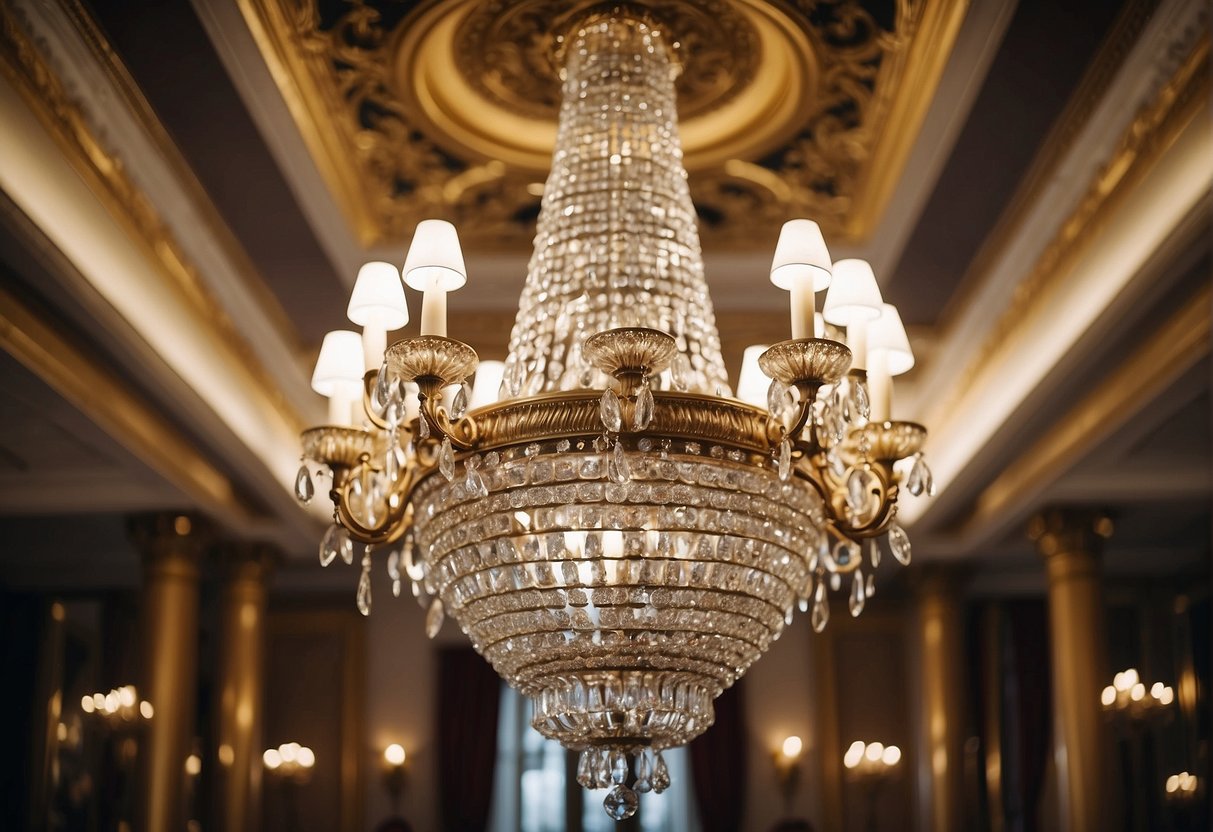 A grand crystal chandelier hangs from the high ceiling, casting a dazzling array of light and shadow across the opulent ballroom