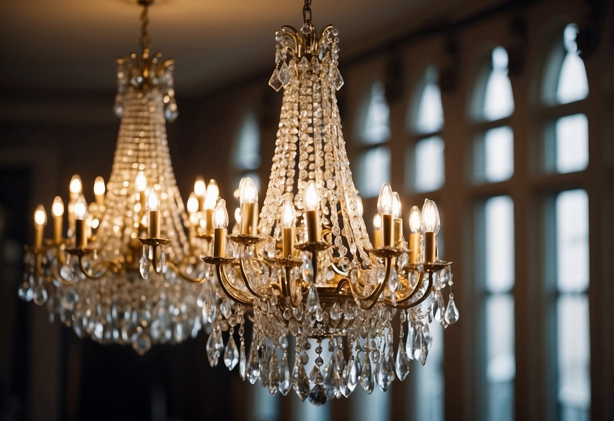 A room with various chandelier options displayed, each showcasing different styles and sizes. The space is well-lit, with the chandeliers serving as the focal point