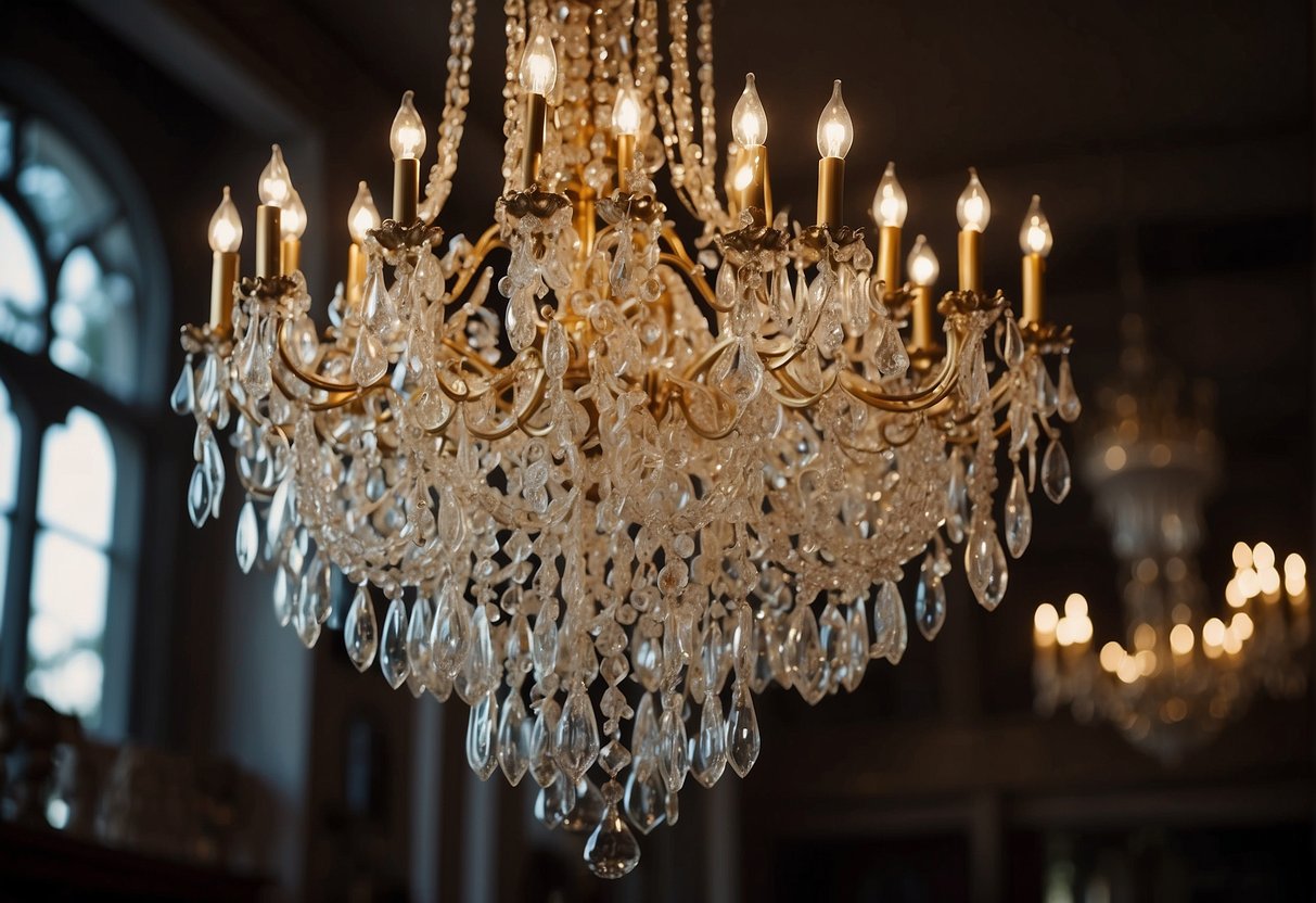 A grand crystal chandelier hangs from a high ceiling, casting a dazzling array of light and shadow across the room. Its intricate design and luxurious materials exude elegance and sophistication