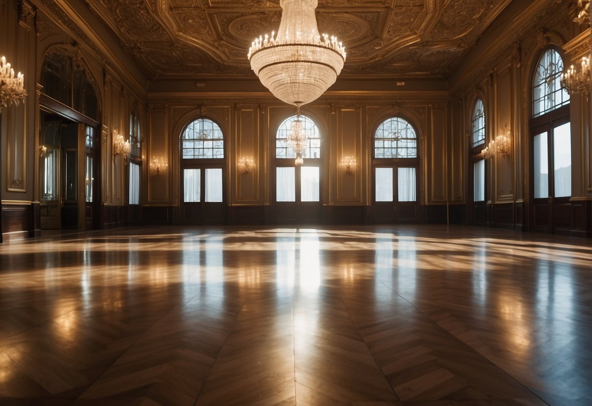 A grand ballroom with various chandeliers hanging from the ceiling, casting different patterns of light and shadows on the walls and floor