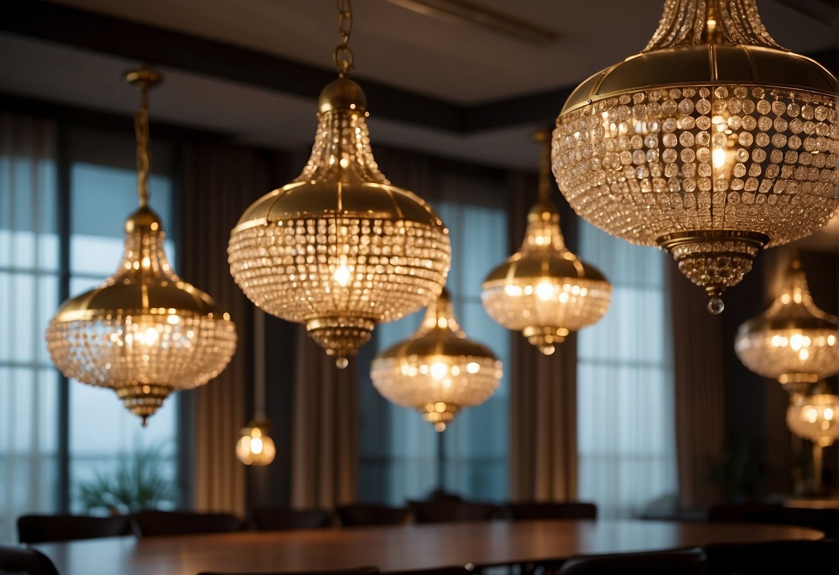 A room with various chandeliers suspended at different heights, showcasing their unique designs and features. The lighting fixtures cast a warm and inviting glow, creating a stunning visual centerpiece