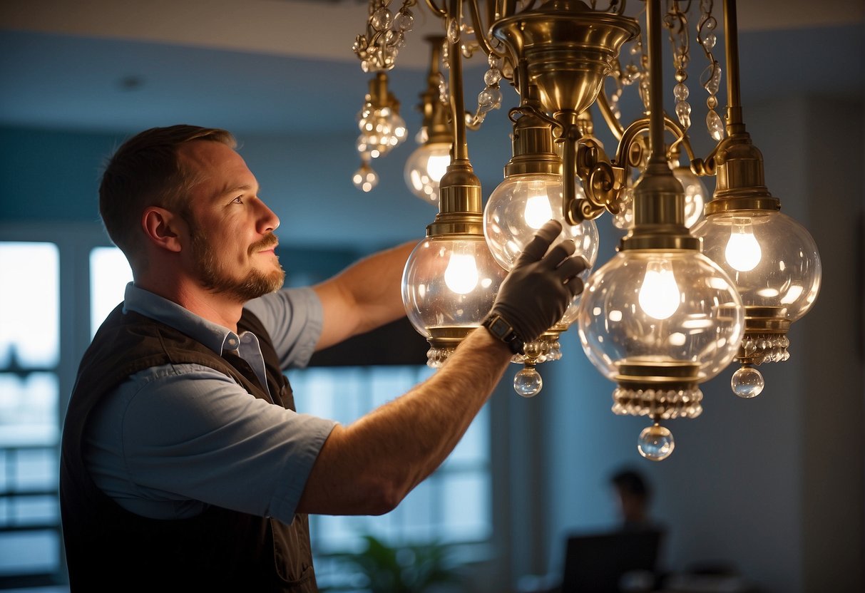 A technician installs and maintains various chandeliers in a well-lit room, showcasing the different types of lighting fixtures available