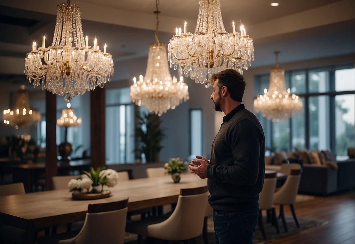 A person comparing various chandeliers in a showroom, considering different styles and sizes for specific rooms in a house