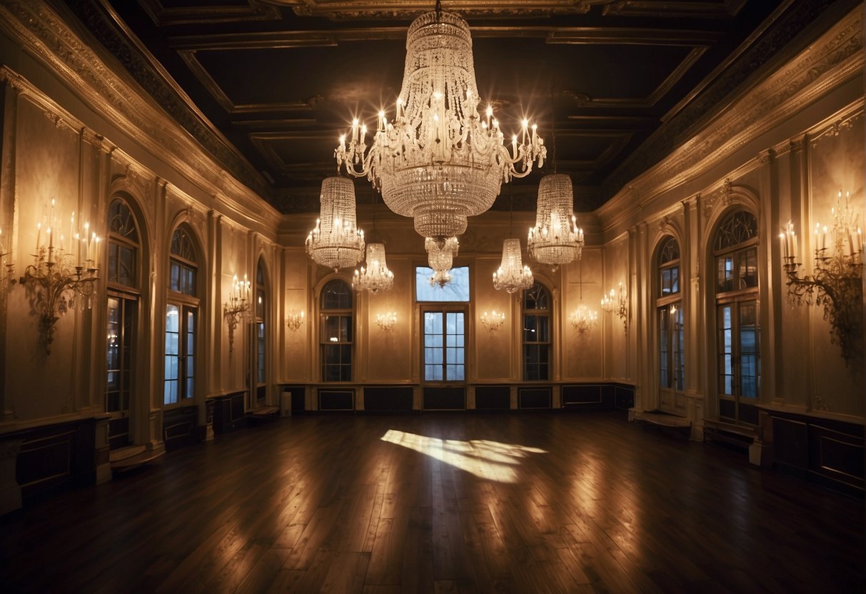 A room with various chandeliers hanging at different heights and styles, casting a beautiful array of light and shadows on the surrounding walls and ceiling