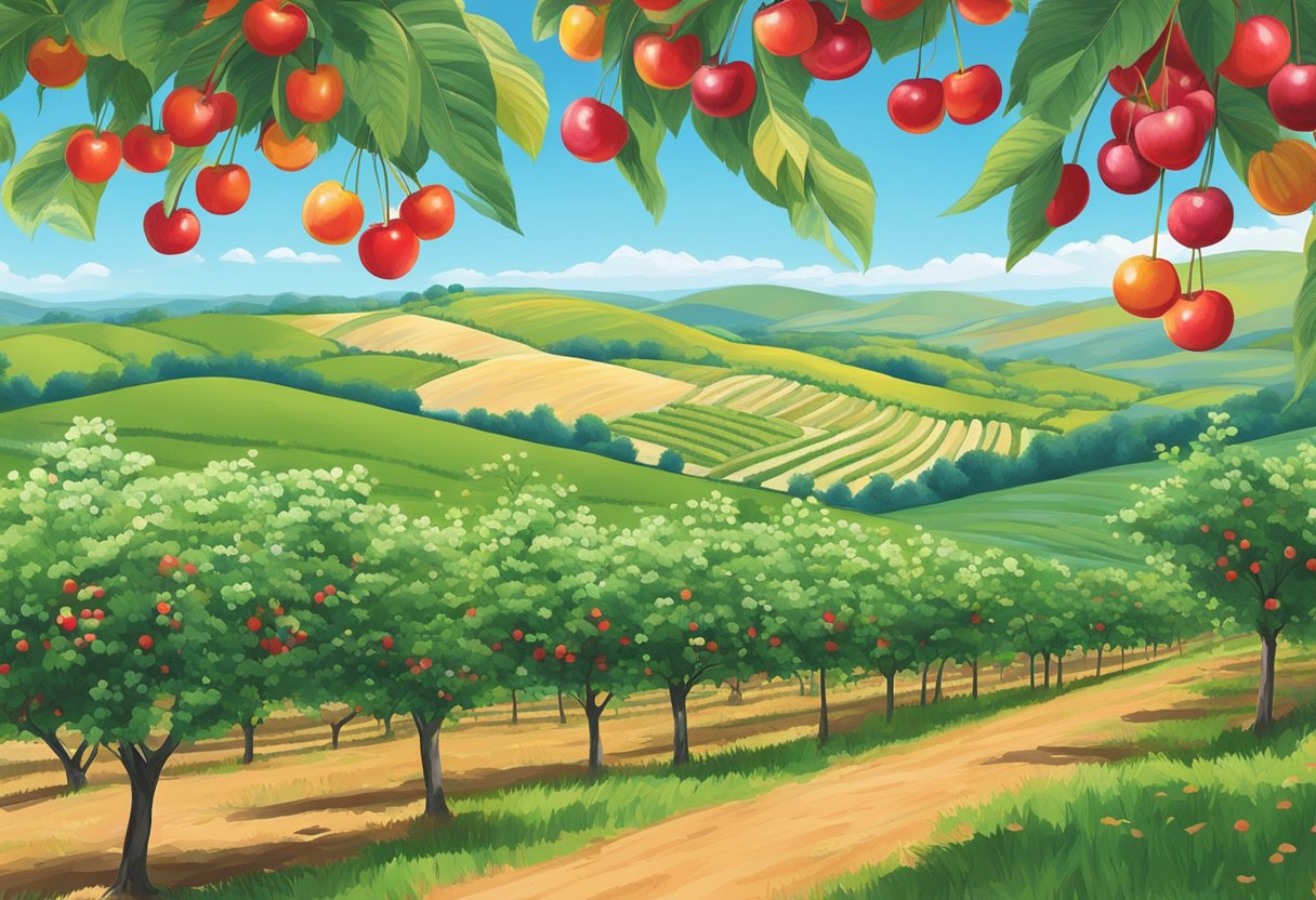 Lush cherry trees in rows, ripe fruit ready for picking, rolling hills in the background, and a bright blue sky overhead