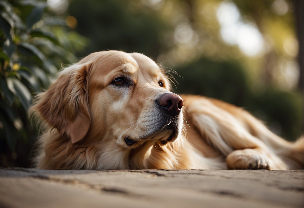A Golden Retriever lying in a quiet corner, ears back and eyes half-closed, with a relaxed body posture and no interest in engaging with others