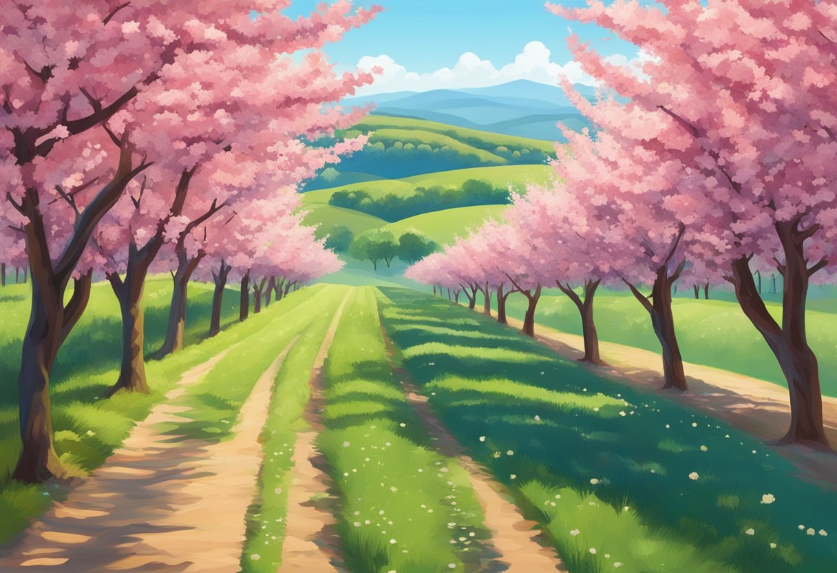 Lush cherry trees in rows, ripe red fruit glistening in the sun, with a backdrop of rolling green hills and a clear blue sky