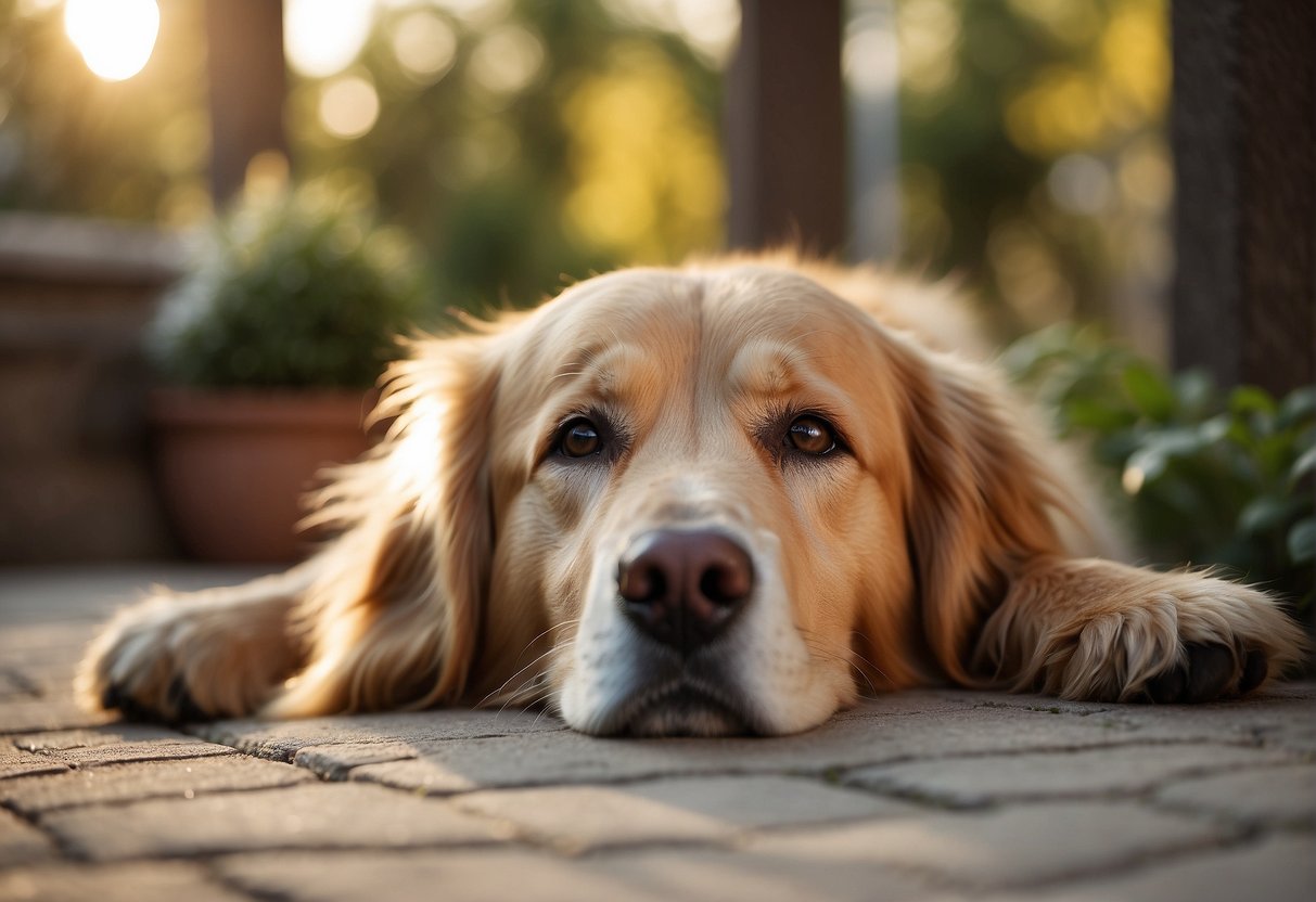 A Golden Retriever lying in a quiet corner, ears back, avoiding eye contact with other pets, and seeking a peaceful, secluded spot