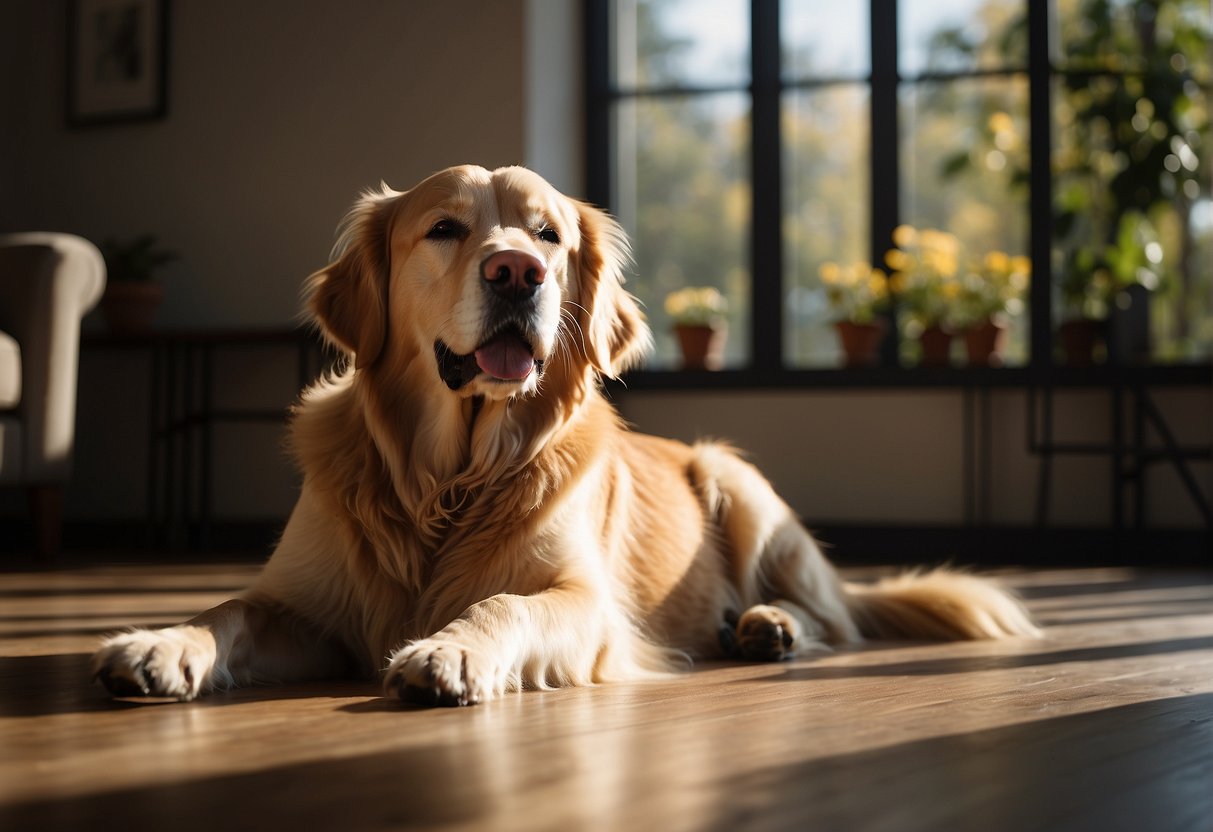 A Golden Retriever lying in a quiet, sunlit room, with a relaxed posture and closed eyes, showing contentment