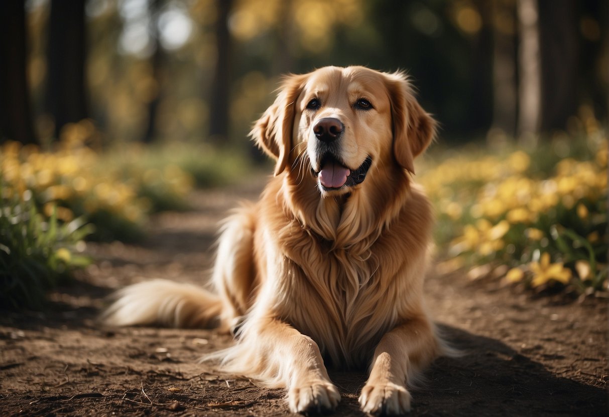 A Golden Retriever sitting alone, ears back and tail low, avoiding eye contact with a sad expression