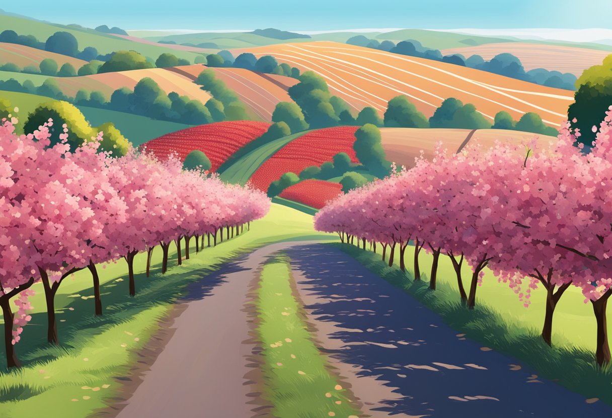 Lush cherry trees in rows, ripe red fruit glistening in the sun. Rolling hills and a clear blue sky in the background