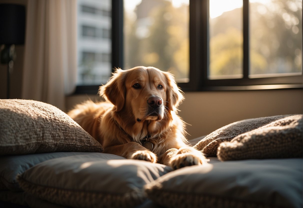A cozy living room with a plush dog bed, toys scattered around, and a large window with sunlight streaming in. A golden retriever laying peacefully on the bed, looking content and relaxed