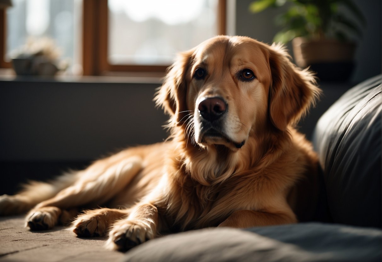 A Golden Retriever lying in a quiet corner, ears back, avoiding eye contact with a relaxed body posture