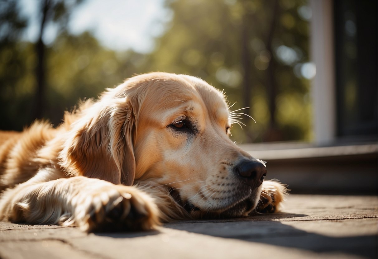 A Golden Retriever lying in a sunny spot, with ears relaxed and eyes closed, showing contentment and desire for alone time