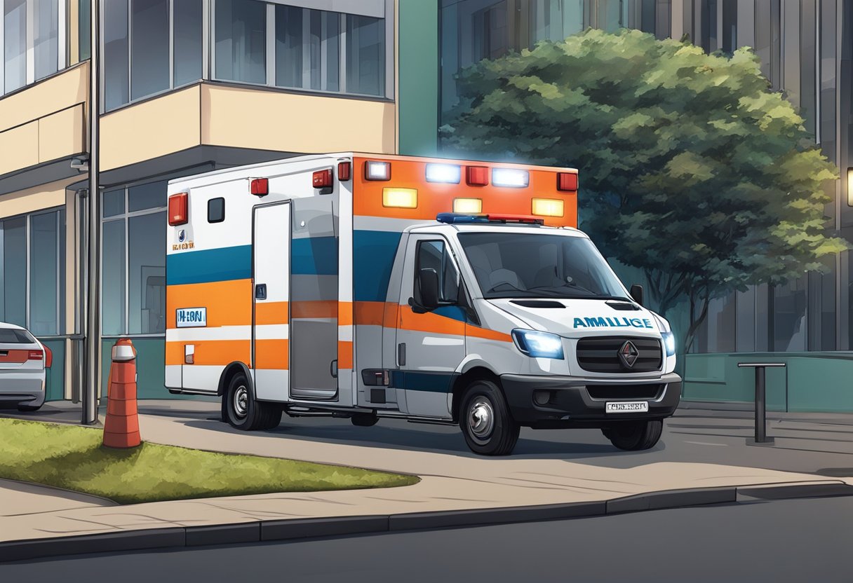 Ambulância Particular Curitiba: Serviços Essenciais para Emergências Médicas 7 An ambulance parked outside a building in Curitiba, with its lights flashing and a paramedic carrying a stretcher