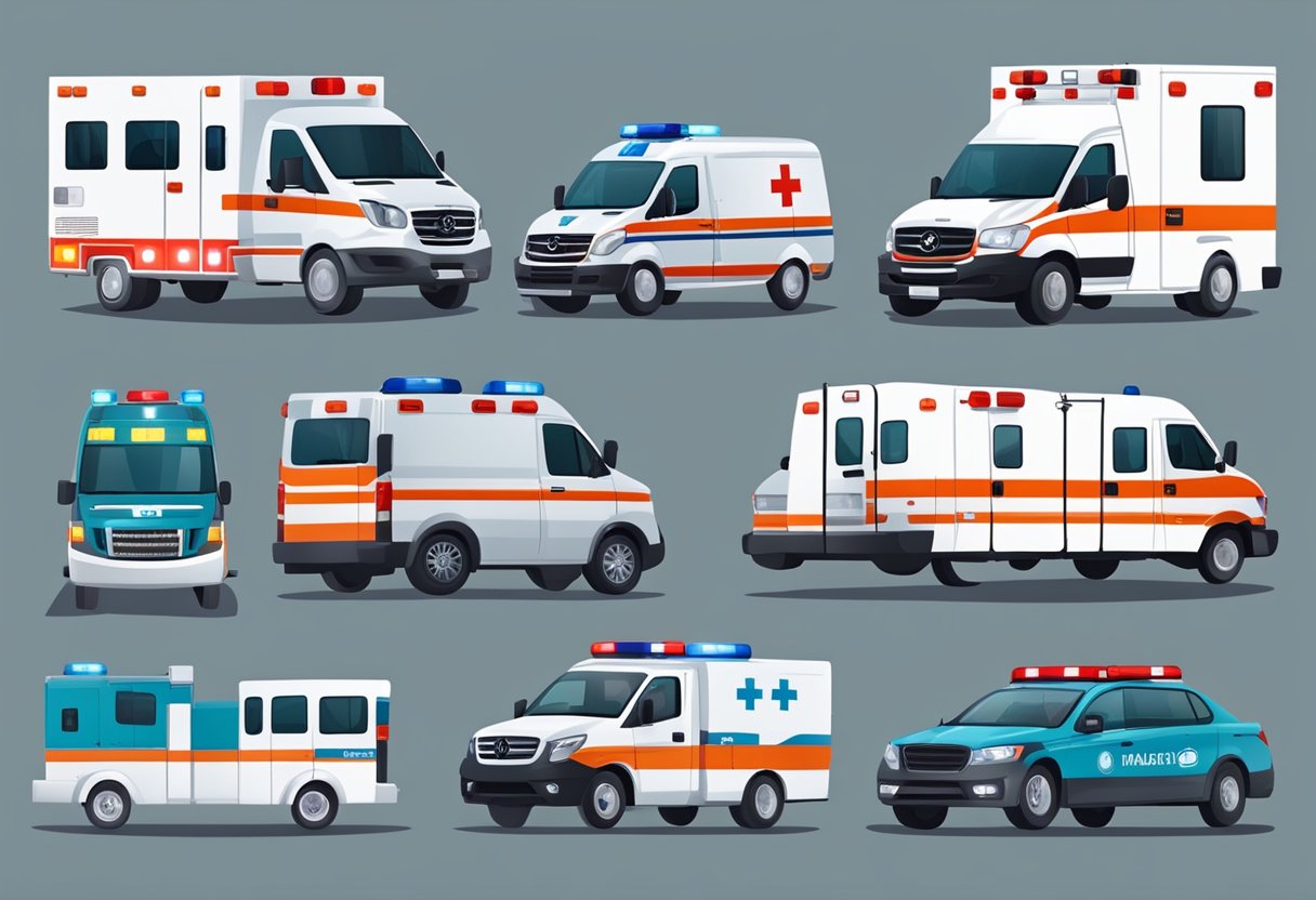 Qual valor da ambulância particular: Entenda o Custo do Serviço de Transporte Médico 2 Various types of ambulances and equipment displayed, with a focus on the value of a private ambulance