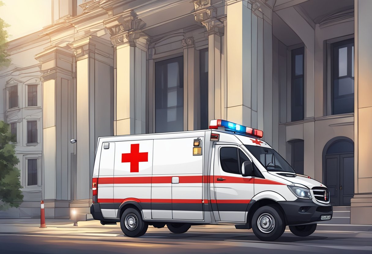 Qual valor da ambulância particular: Entenda o Custo do Serviço de Transporte Médico 4 A private ambulance with flashing lights and a red cross logo waits outside a building
