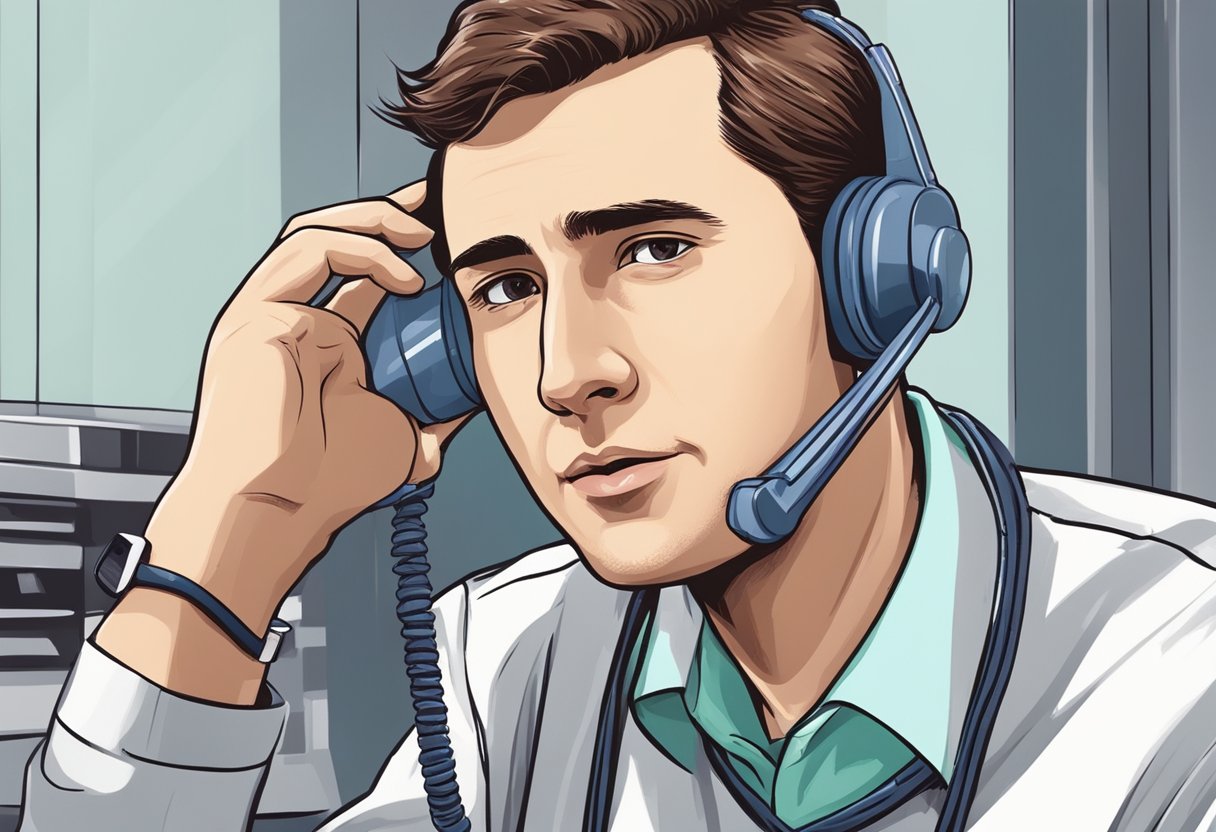 Como pedir uma ambulância particular: passos essenciais e dicas úteis 2 A person making a phone call to request a private ambulance, with a sense of urgency and concern on their face