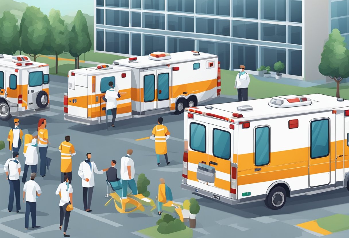 Como pedir uma ambulância particular: passos essenciais e dicas úteis 4 Various types of ambulances parked outside a hospital. People requesting a private ambulance service