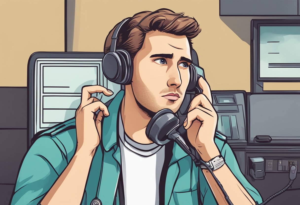 Como pedir uma ambulância particular: passos essenciais e dicas úteis 5 A person making a phone call to request a private ambulance, with a worried expression and a sense of urgency