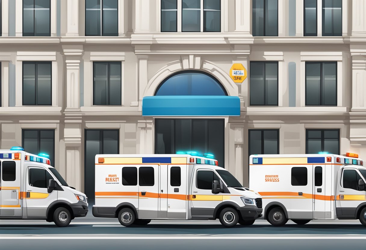 Como pedir uma ambulância particular: passos essenciais e dicas úteis 8 A row of private ambulances with visible certification stickers and a sign indicating how to request their services