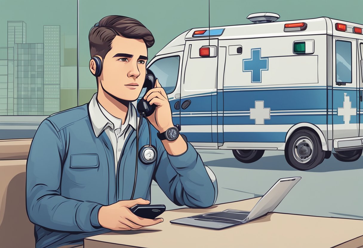 Como pedir uma ambulância particular: passos essenciais e dicas úteis 9 A person calling for a private ambulance, with a phone in hand and a concerned expression. Signs or posters about hazing prevention and education in the background