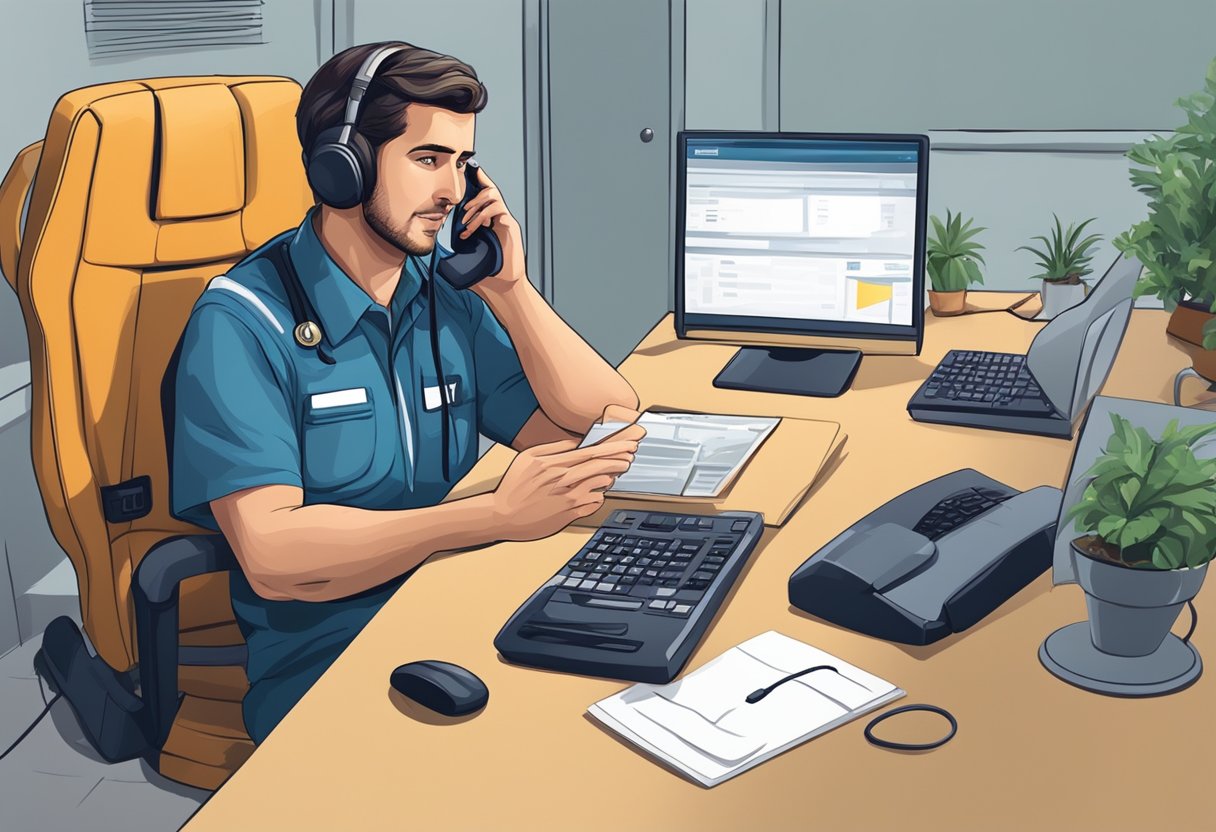 Como pedir uma ambulância particular: passos essenciais e dicas úteis 11 A person calling for a private ambulance, speaking on the phone with a sense of urgency, while the dispatcher takes down the details