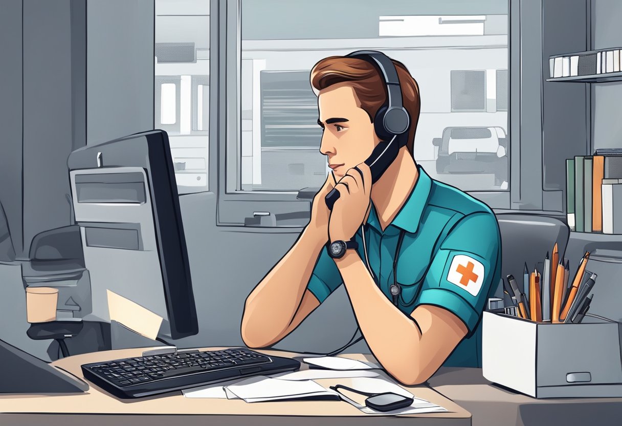 Como pedir uma ambulância particular: passos essenciais e dicas úteis 12 A person dials a private ambulance service, speaking urgently on the phone. The dispatcher takes down the details and promises a swift response