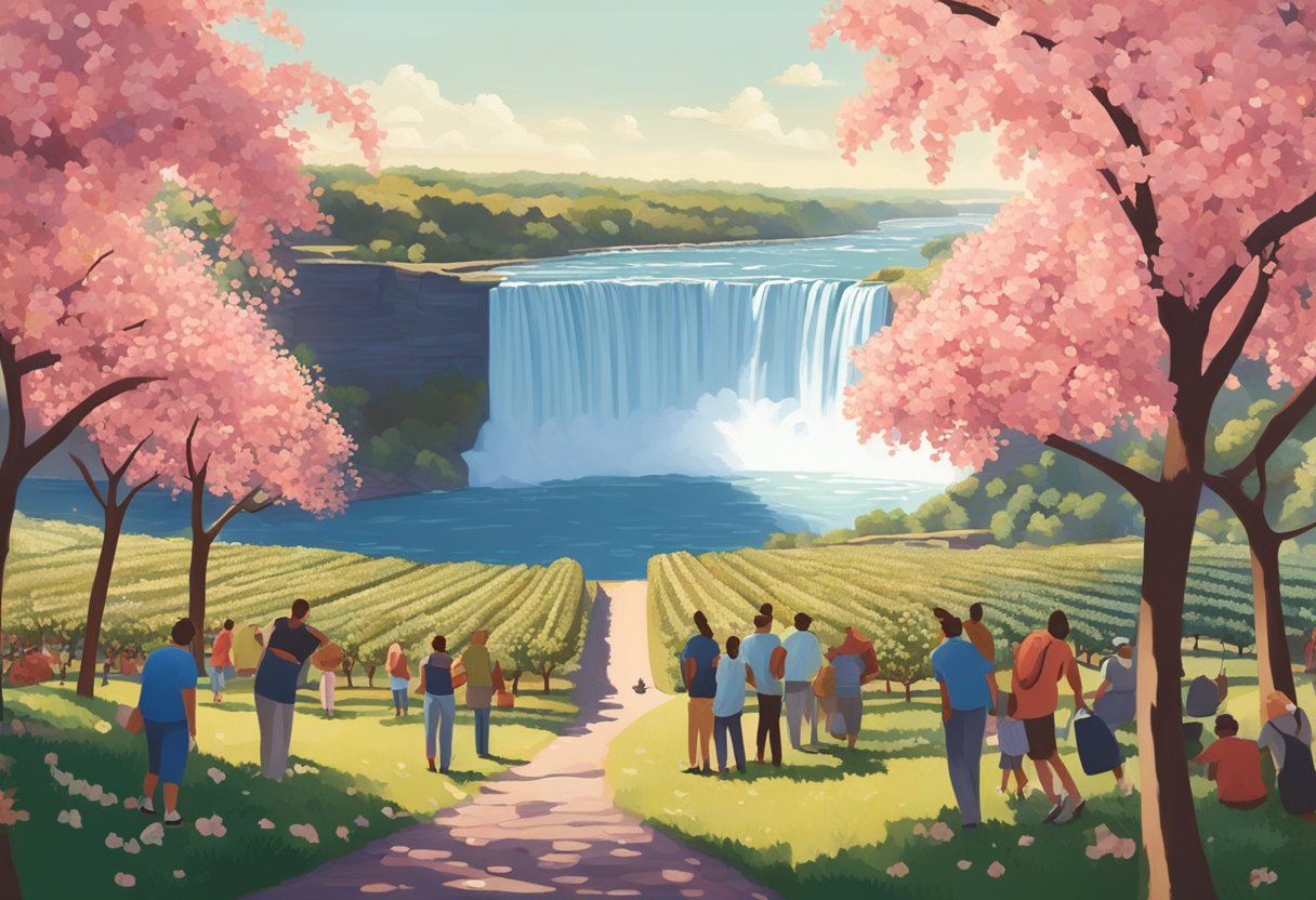 People wander through lush cherry orchards, plucking ripe fruit beneath the shadow of Niagara Falls, Ontario