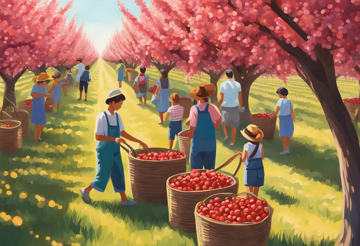 Lush cherry trees in rows, ripe red fruit glistening in the sun, with families picking and filling baskets in the scenic Oakville orchard