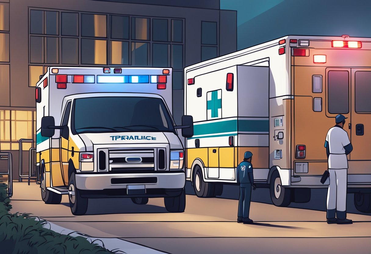 Qual o valor de uma ambulância simples: Fatores que Influenciam o Preço 1 An ambulance parked outside a hospital, with its lights flashing. A paramedic is loading a stretcher into the back while another is speaking to a patient
