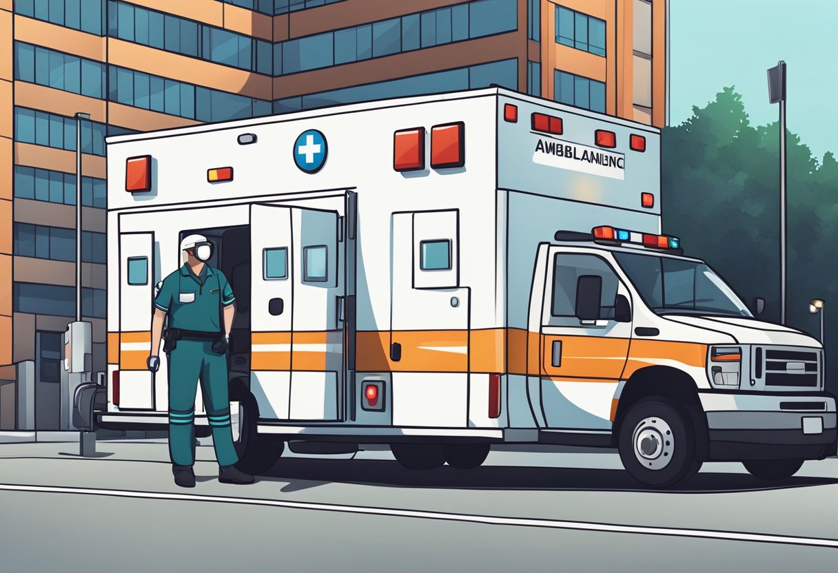 Qual o valor de uma ambulância simples: Fatores que Influenciam o Preço 2 An ambulance parked outside a hospital, with its lights flashing. A paramedic stands nearby, ready to assist. The ambulance is equipped with medical supplies and a stretcher