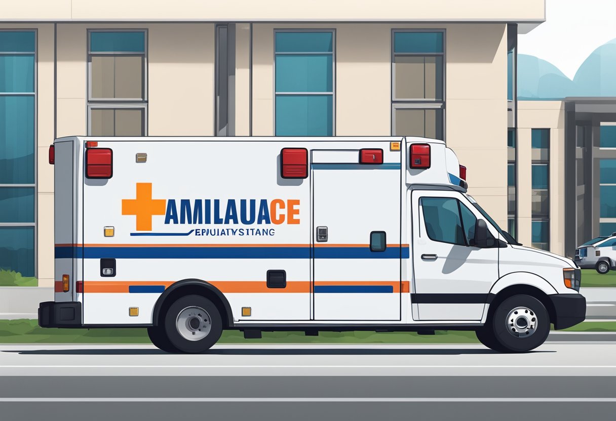 Qual o valor de uma ambulância simples: Fatores que Influenciam o Preço 8 A simple ambulance parked outside a medical facility, with clear signage indicating compliance with legislation and regulatory standards