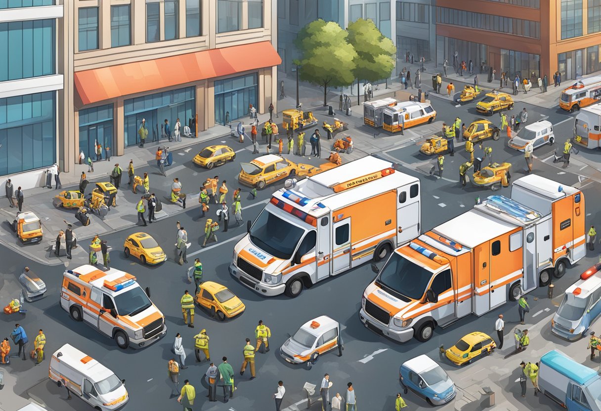 Emergências Médicas Curitiba: Guia de Serviços de Urgência e Atendimento 1 A bustling city street with ambulances, paramedics, and people in distress, surrounded by medical facilities and emergency response vehicles